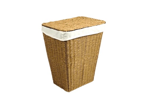 Artisanal Tapered PE Water Hyacinth Laundry Hamper with Hinged Lid and Fabric Liner